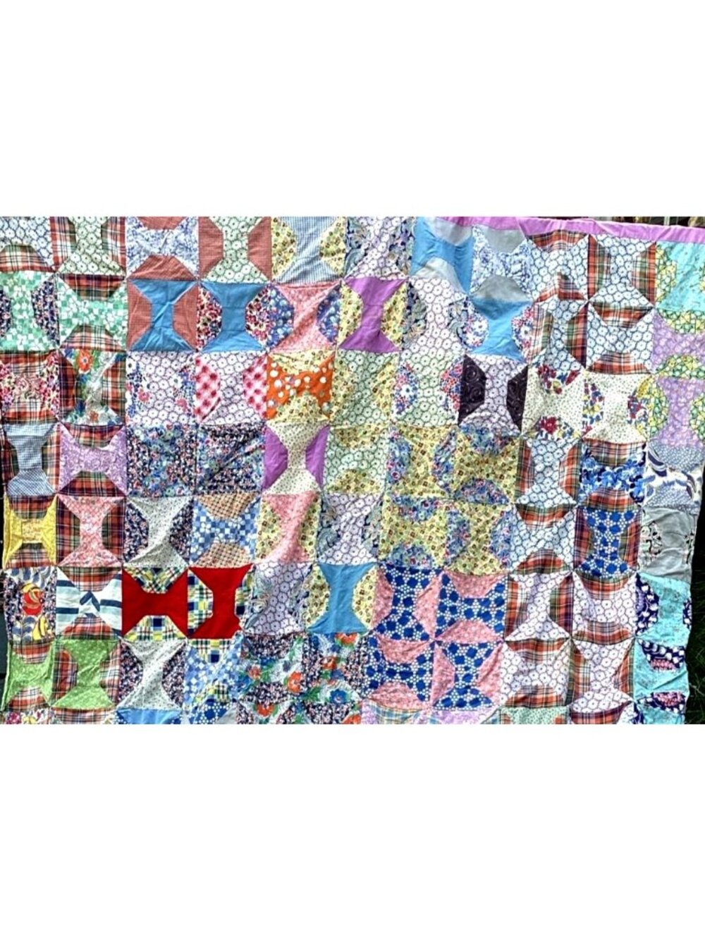 Vintage Handmade Bow Tie Pattern Quilt Top 96x71 Machine Sewn Some Feed Sack - Picture 2 of 10